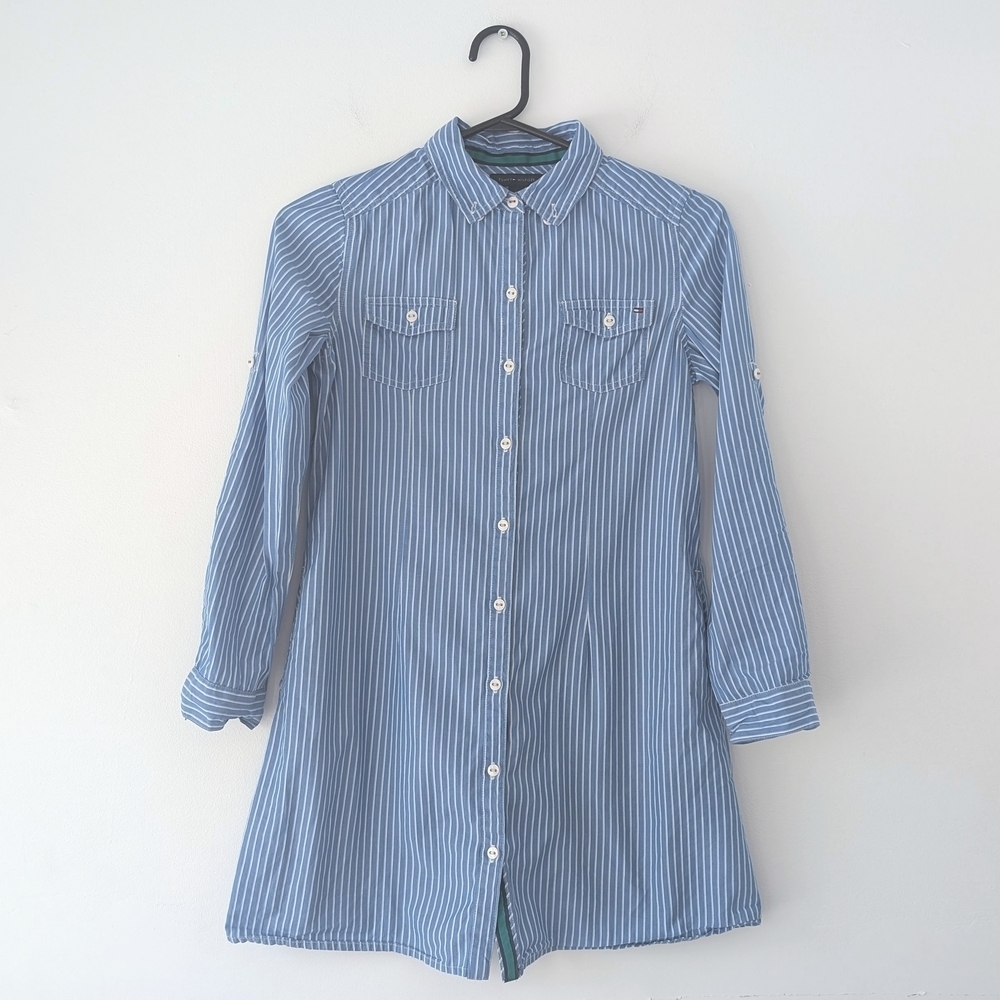 Tommy Hilfiger Girls Blue & White Striped Shirt Dress | Preppy Classic ~ Size 12